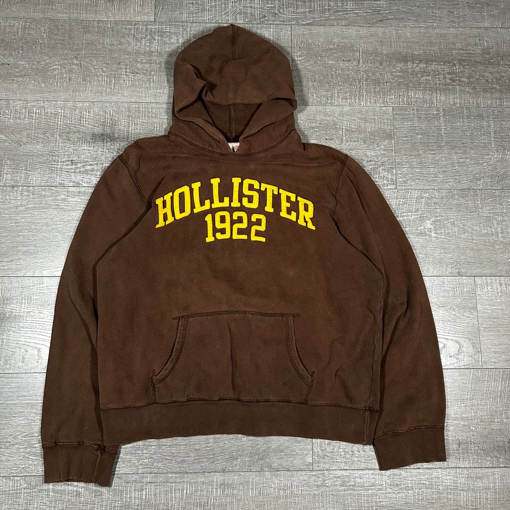 Hollister Mens XL Brown Yellow Logo Fleece Hoodie Sweatshirt 1922 Pullover